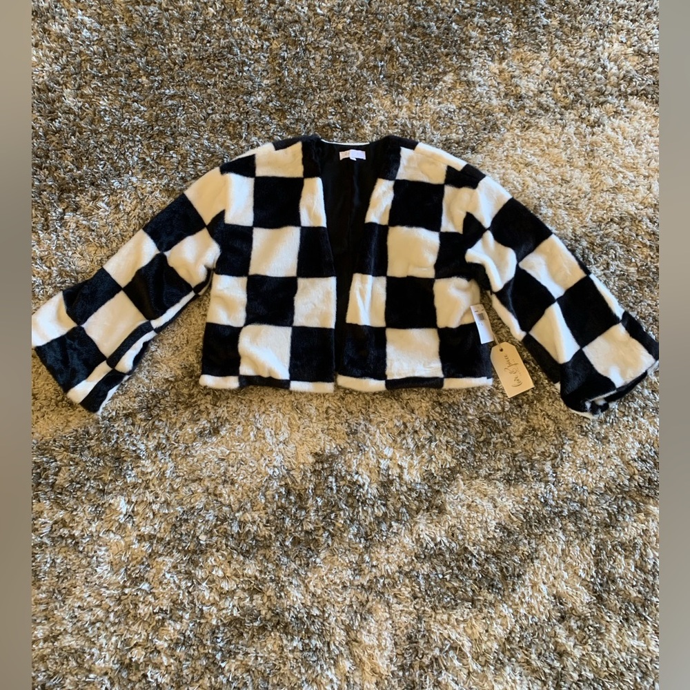 Love & Piece Checkered Faux Fur Open Front Jacket
